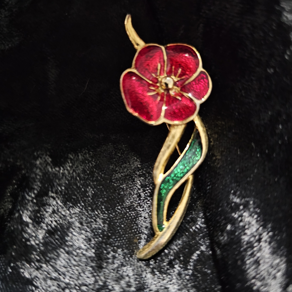 Elegant Red and Green Floral Brooch